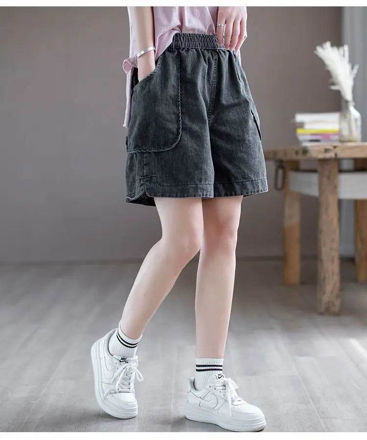 Summer Thin High-waisted Retro Denim Shorts for Women Loose Mid-pants New Wide-leg Large Pocket Five-point Pants - AIAZ