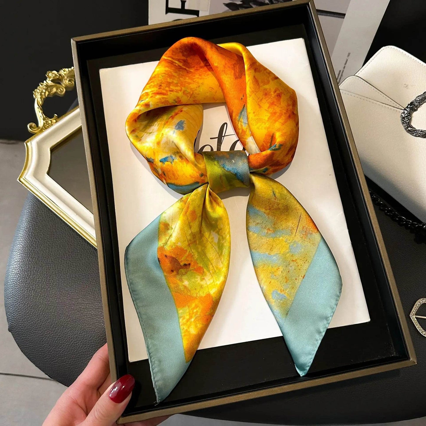 Luxury Chain Print Small Square Scarf Simulated Silk Thin Neck Scarf Fashion Sunscreen Headscarf For Women 70x70cm - AIAZ