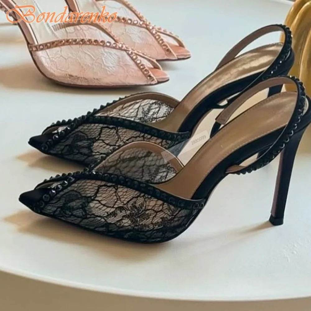 Mesh Crystal Slingback Sandals Peep Toe Shallow Solid Stiletto Heels Sandals Women Sexy Shoes Summer Party Designer Big Size New - AIAZ