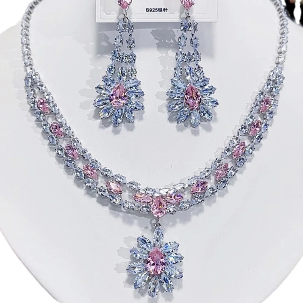 Women's Fashion Luxury Zirconia Crystal Pink Necklace Earrings Set Bracelet Jewelry Set Bridal Wedding Banquet Party Holiday