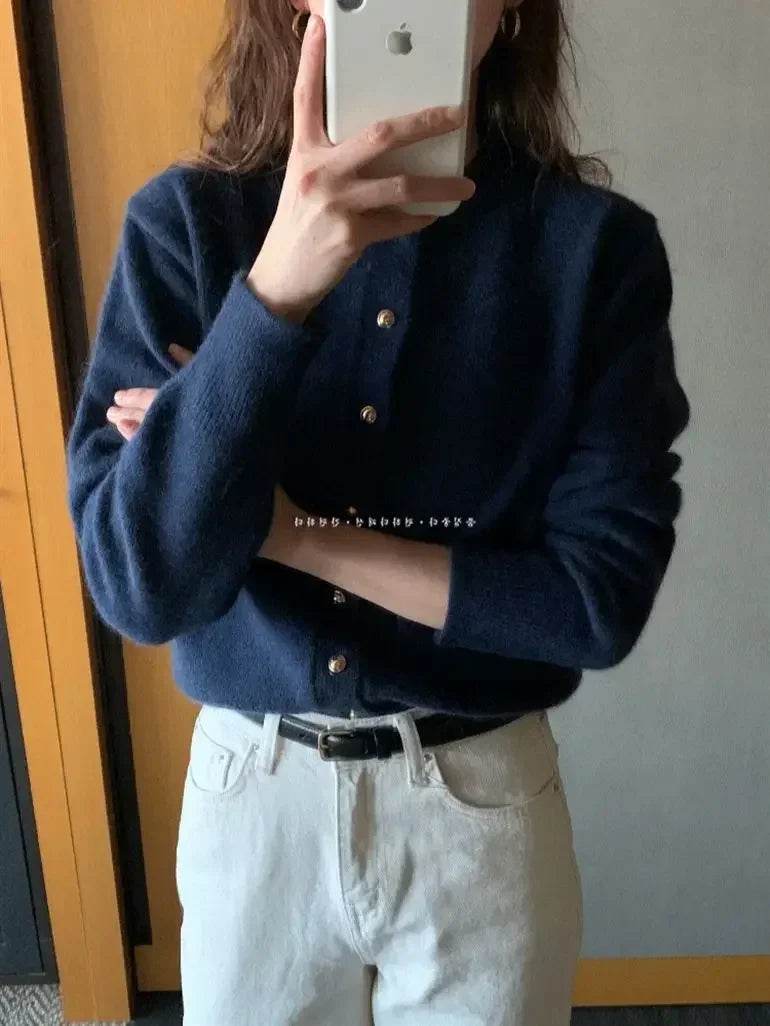 Knitted Cardigan women's 2023Spring New Korean Loose Solid Color Round Neck Sweater Coat - AIAZ