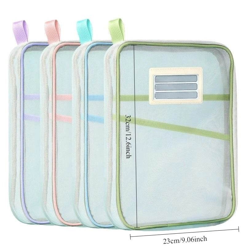 A4 Book Bag for School Double Layer Mesh Organizer Large Capacity Student Essentials Textbooks Folders Storage School Supplies - AIAZ