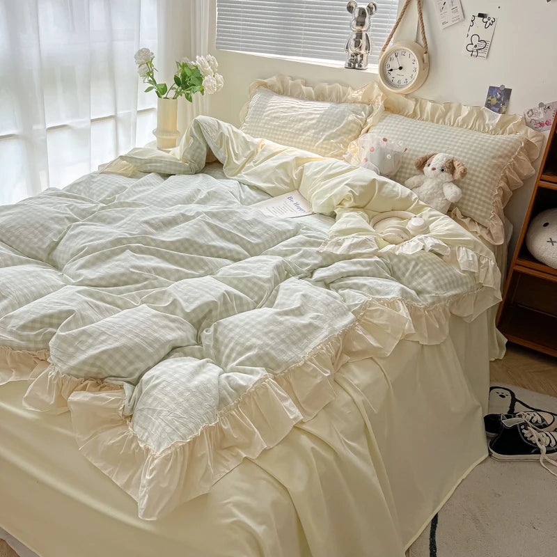 Korean Princess Style Bedding Set Soft Skin-friendly Lattice Lace Ruffles Quilt Cover Plaid Style Duvet Covers Set Pillowcases