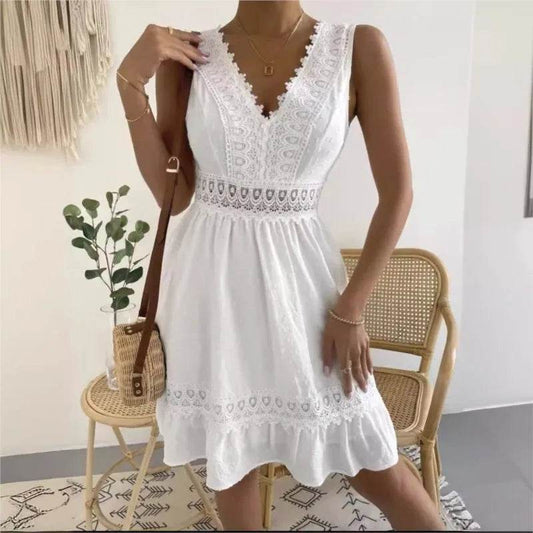 Women's White Party Dress Fashion Lace V-neck Ruffle Hook Flower Hollow Waist Mini Women Dresses Summer Sexy Prom Female Vestido - AIAZ