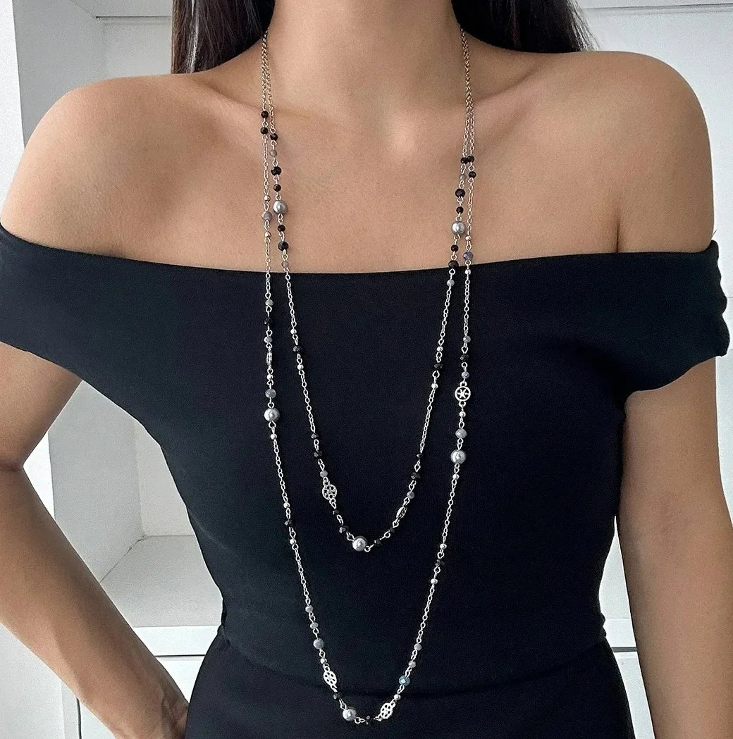 2Pcs/Set Hot Sale Temperament Imitation Pearl Long Chain Necklace for Women Fashion Statement Goth Sweather Link Neck Jewelry