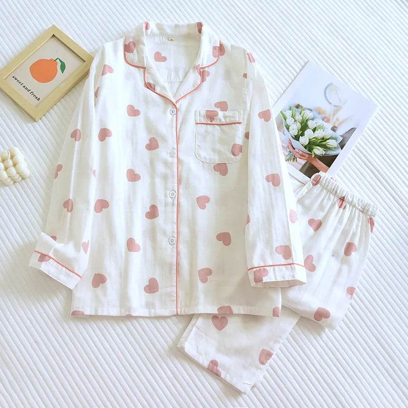 New Spring and Autumn Pajama Set Women's 100% Cotton Long Sleeve Pants Two Piece Love Lovely Sweet Home Furnishing Set - AIAZ
