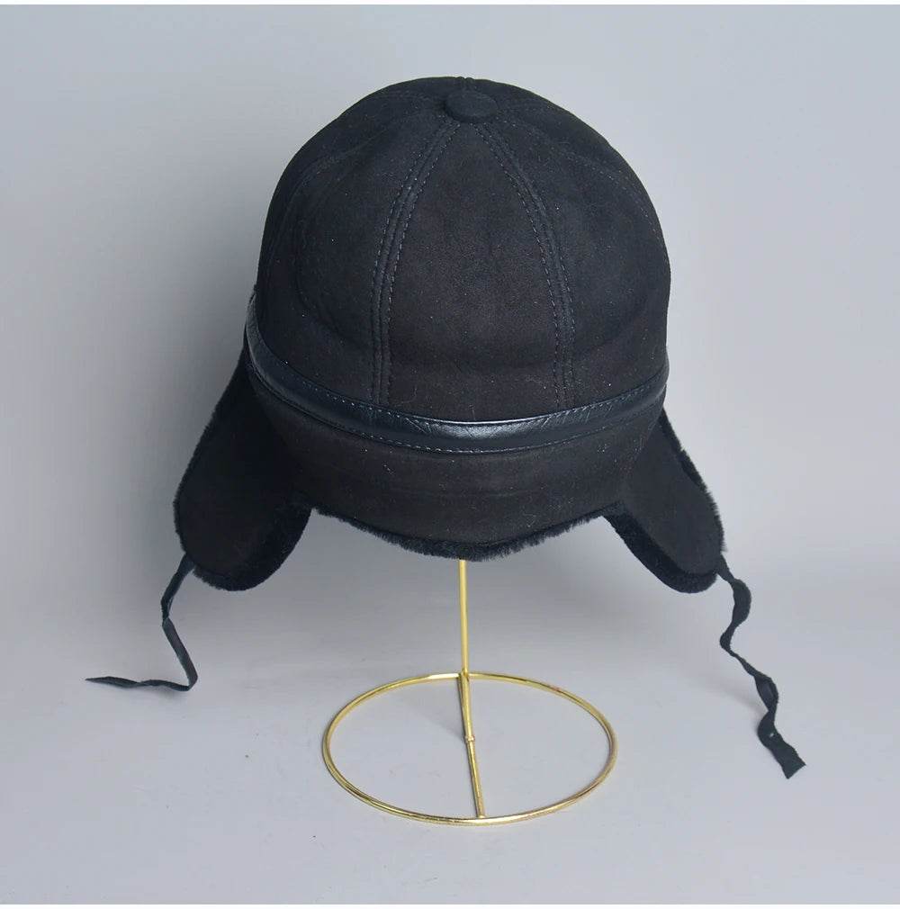 High Quality 2025 Winter Leather Hat Men Fur Lamb Wool Warm Thick Earflaps Bomber Hats Men's Baseball Cap Russian Hat - AIAZ
