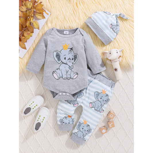 Citgeett Autumn Infant Baby Boys Girls Fall Outfits Long Sleeve Print Romper + Pants + Hat Set Spring Clothes