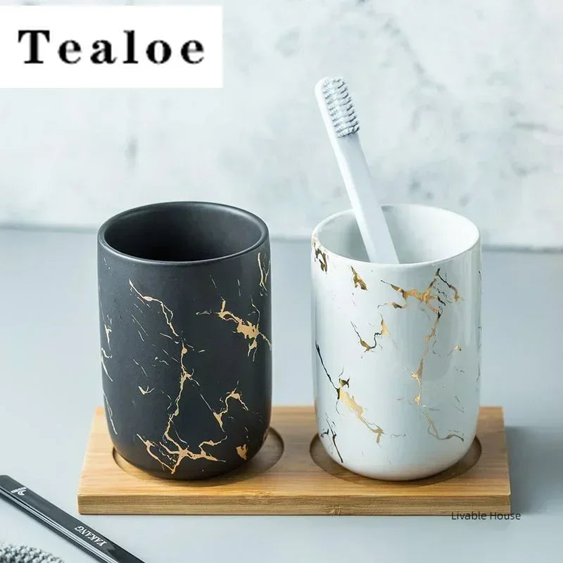 Marble Soap Dispenser Pump Bottle Ceramic Bathroom Accessory Set  Home Couple Mouthwash Cup Soap Dish Washing Tools Luxury