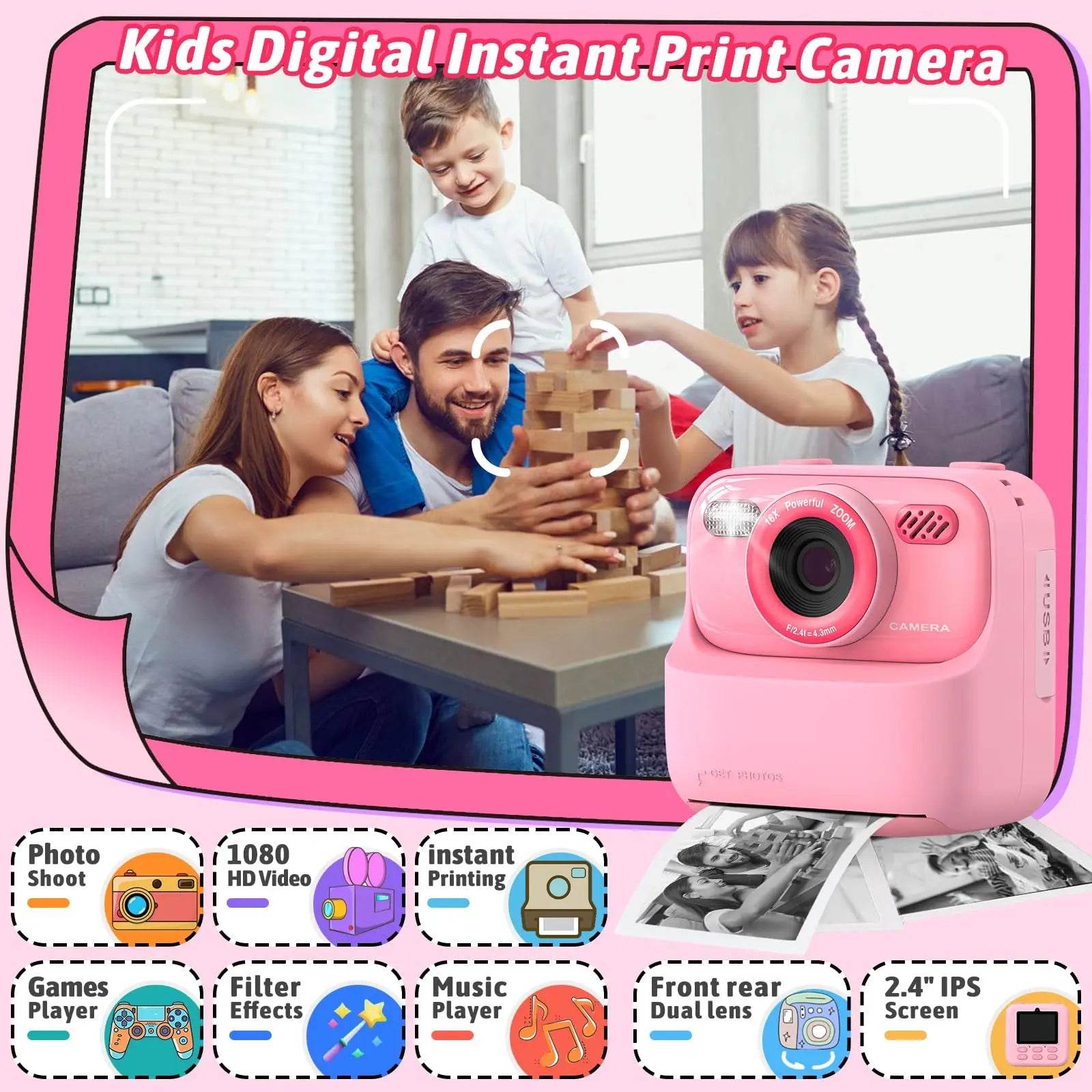 AMORUS Kids Camera Instant 1080P HD Dual Lens Selfie Digital Camera for Girls Boys Christmas Birthday Gifts Toys With 32G Print - AIAZ