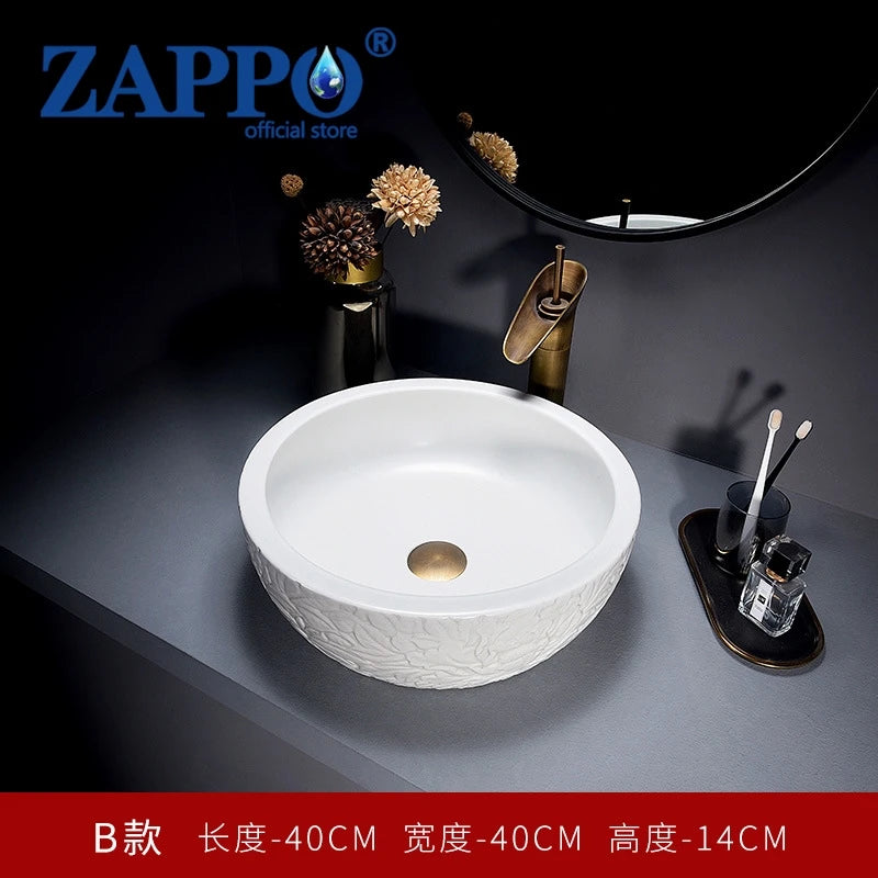 ZAPPO Round Vessel Sink with Faucet Drain JinDezhen Ceramic Vessel Sinks Oval Bathroom Sink Bowl Above Counter with Mixer Tap