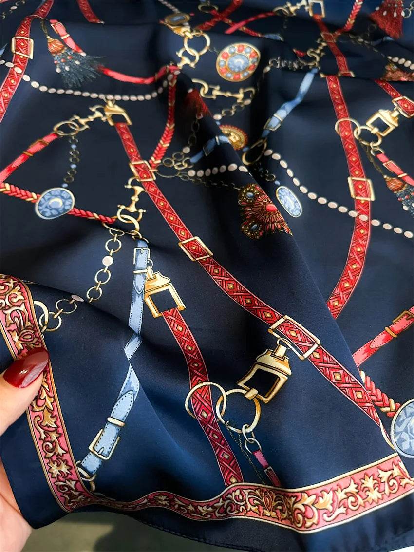 Luxury Chain Print Small Square Scarf Simulated Silk Thin Neck Scarf Fashion Sunscreen Headscarf For Women 70x70cm - AIAZ