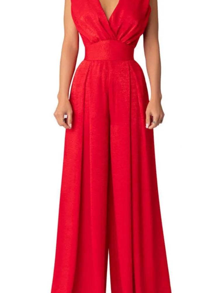 Jumpsuit Women Summer New Sleeveless Sexy Deep V-neck Solid Color High Waist Wide Leg Jumpsuits Elegant Commuting Lady Playsuits - AIAZ