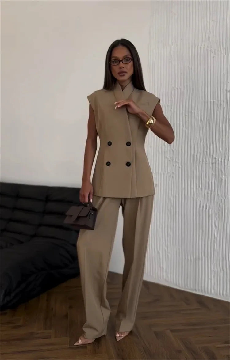 Street Slim Vest Pant Outfit Spring Women Sleeveless Double Breasted Tank Top+High Waist Zip Wide Leg Pants Summer Two Piece Set