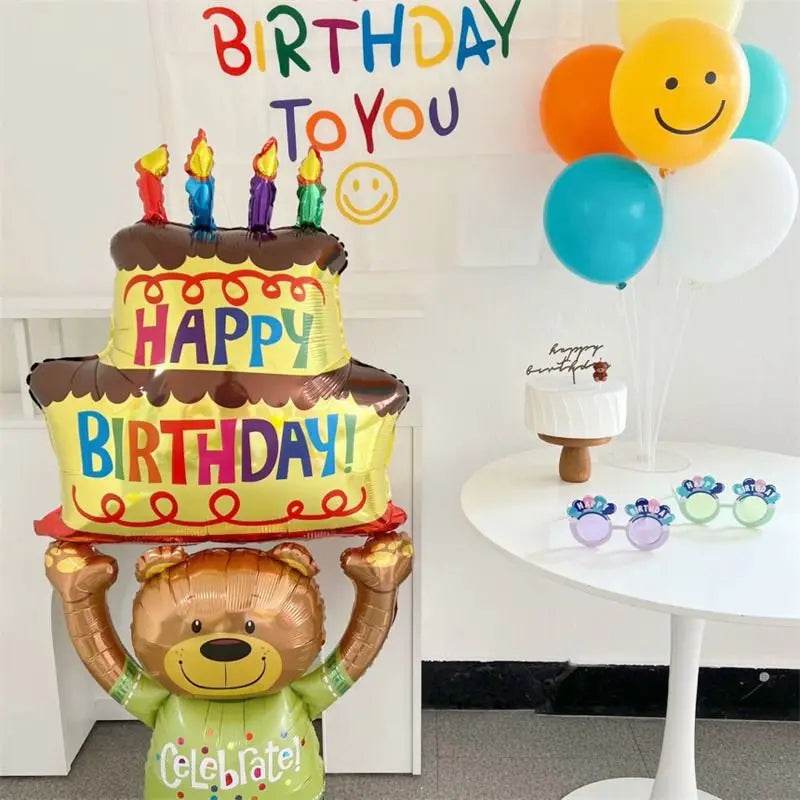 Large Birthday Cake Foil Balloons Cartoon Bear Cake Balloon Kids Toys Happy Birthday Party Decoration Supplies Photo Props INS - AIAZ