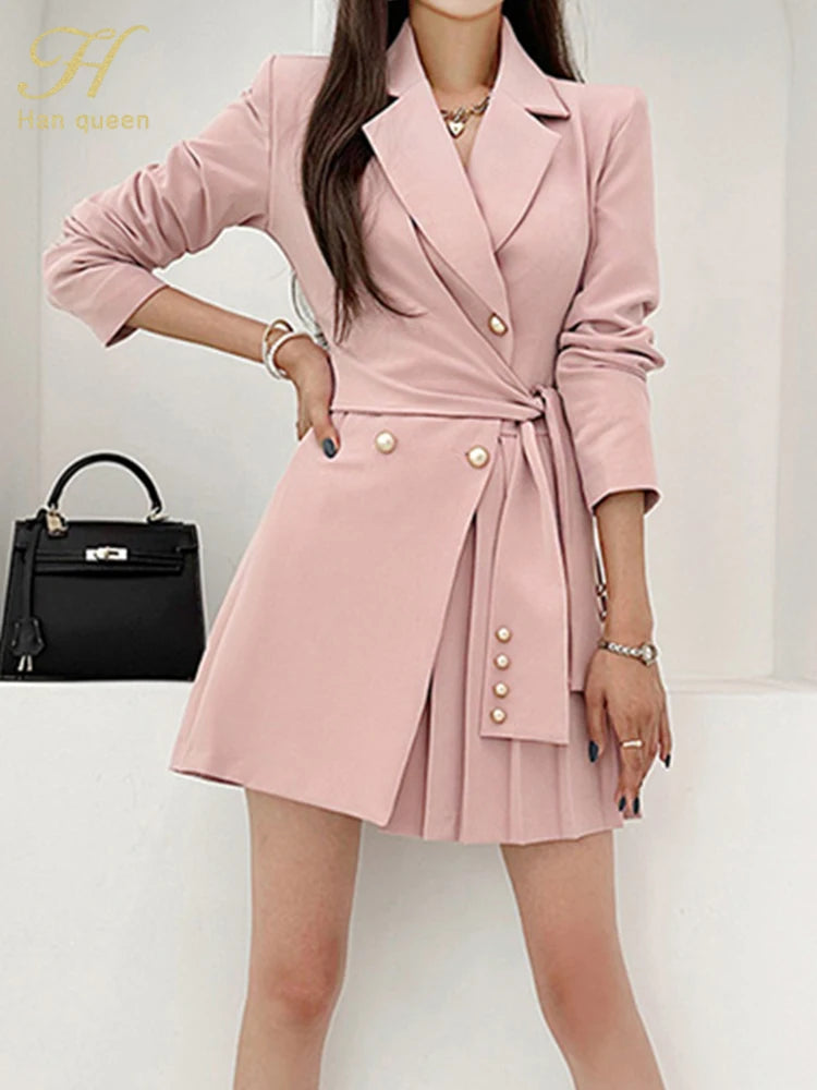 H Han Queen Autumn Winter Dresses Korean Lace-Up Professional Jacket Vestido Elegant Fashion Slim Office Party Casual Dress