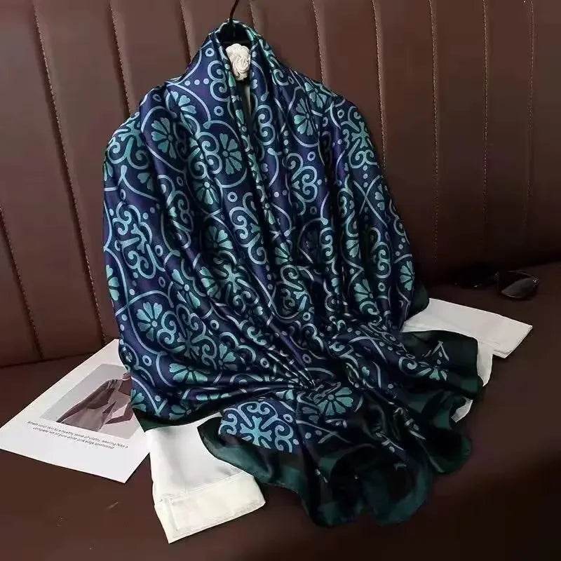 New Summer Women's Silk Scarf Sun Protection Satin Print Extra Long Beach Cover Up Decorative Mom's Shawl Fashionable Accessory - AIAZ