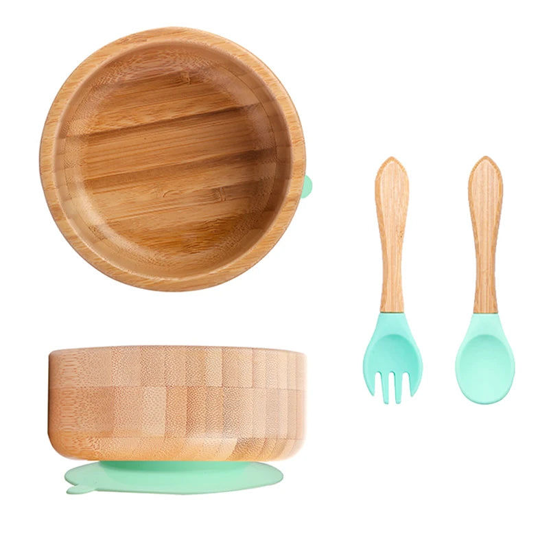 Baby Feeding Bowl Food Tableware Kids Wooden Training Plate Silicone Suction Cup Removable Wooden Fork Spoon Children's Dishes