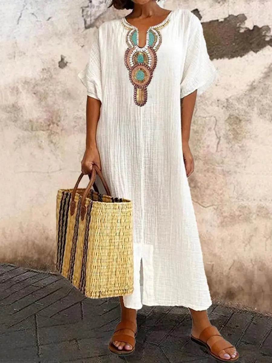 Boho Vintage Embroidered Cotton Linen Long Dresses Women Summer 2025 New V Neck Split Hem White Dress Beach Party Dress Robe - AIAZ