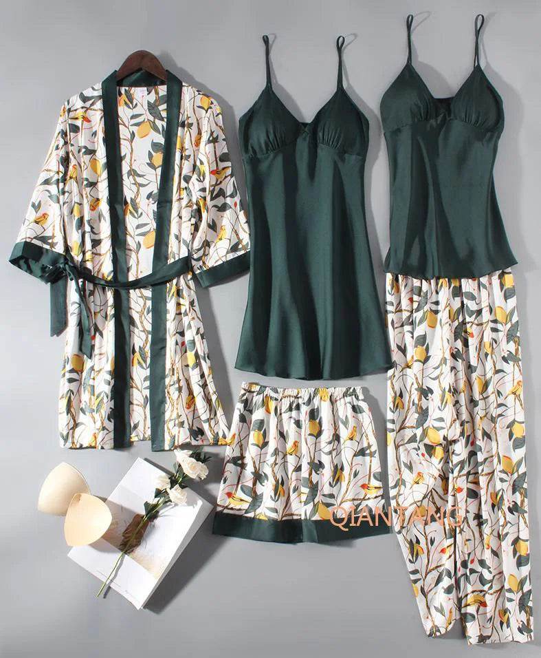 Pajamas Set Women Sleepwear Casual Satin Robe Suit Nightwear Lounge Wear V-neck Soft Pyjamas Kimono Bathrobe Gown Lingerie - AIAZ