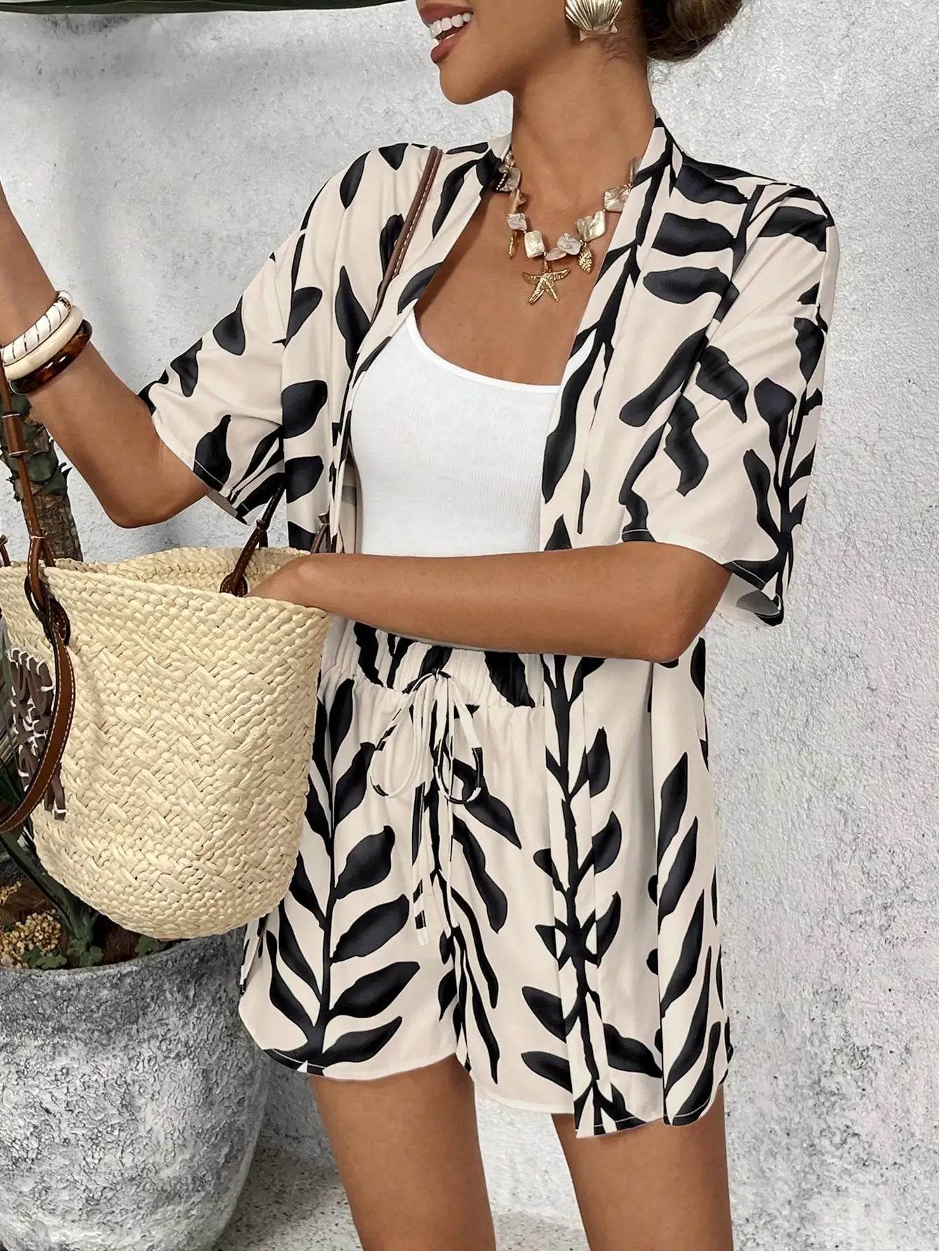 Woman Lady Set Casual Geometric Blouse Holiday Loose Shorts Short Sets Woman 2 Piece Set Outfit Summer Women's suit Good Selling - AIAZ