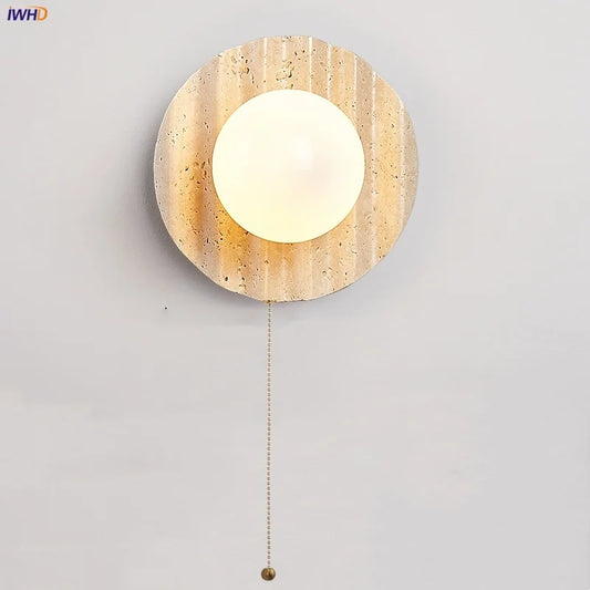 IWHD Yellow Cave Stone LED Wall Lamp Sconce Pull Chain Dining Room Coffee Nordic Modern Simple White Glass Stair Light Fixtures