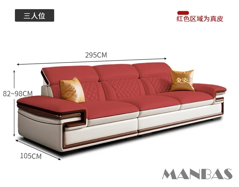 MINGDIBAO Premium Italian Genuine Leather Sofa Set for Living Room with Adjustable Headrests and Built-in Bluetooth Speaker, USB