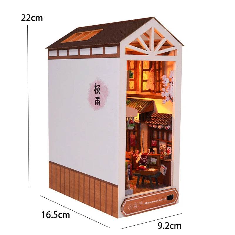 DIY Book Nook Shelf Insert Kit 3D Wooden Puzzle Doll House Assembly Building Model Bookends With Furniture LED Light Xmas Gifts - AIAZ