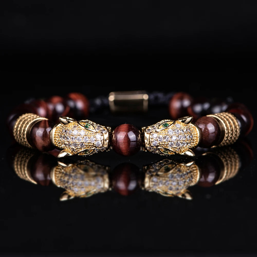 New Trend Double Leopard head Handmade tiger's-eye Bracelets  Accessories Handmade Men's Jewelry Pulseras homme