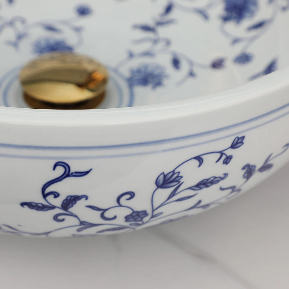 ZAPPO Bathroom Basin Sink Faucet Combo Ceramic Round Wash Basin Bathroom Washbasin Hand Painted Vessel Sink bathroom sinks