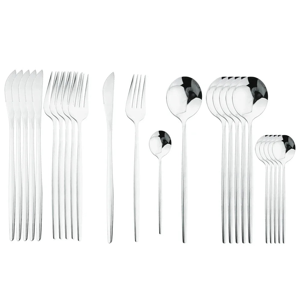 24Pcs Stainless Steel Dinnerware Set Kitchen Fork Spoon Knife Dinner Cutlery Set White Silver Western Flatware Tableware Set