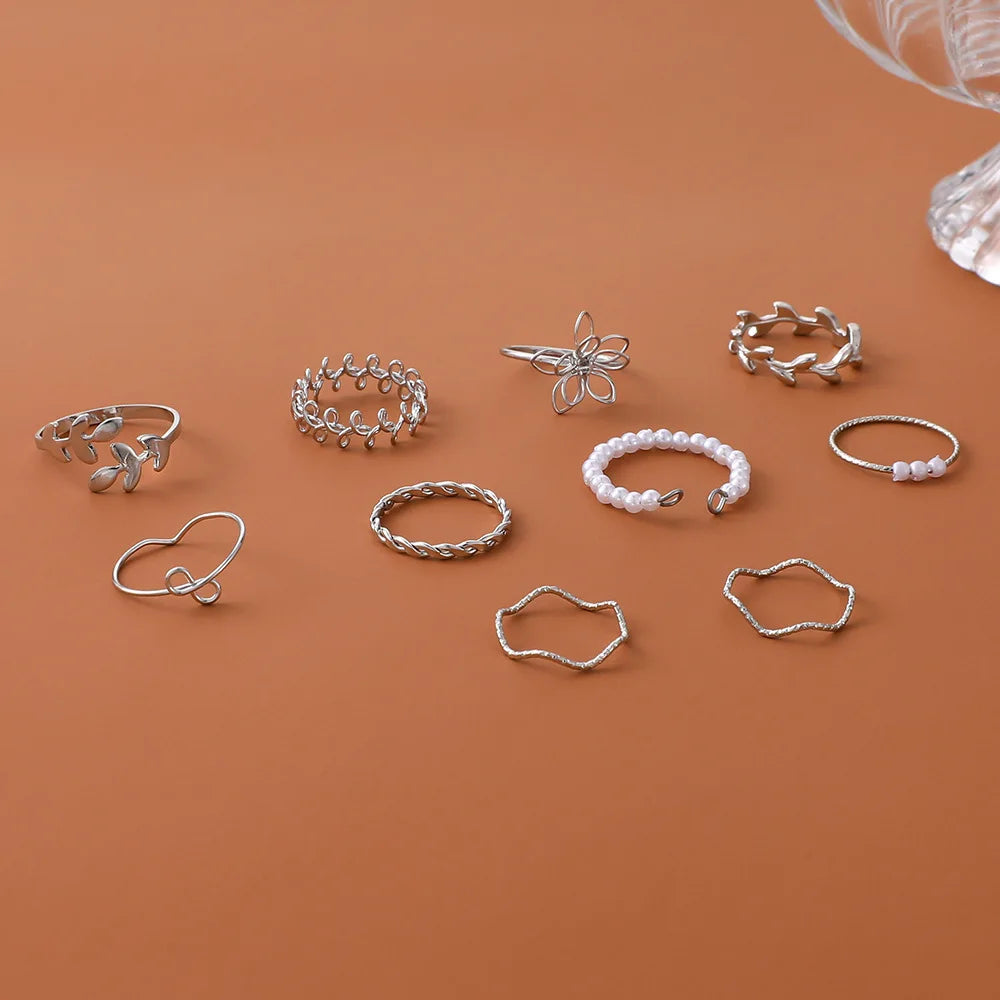 2024 New Tide Individuality Retro Geometric Hollowing Inlay Gem Rings SetLiquid State Metal Four-Piece Rings Set Paty Jewelry