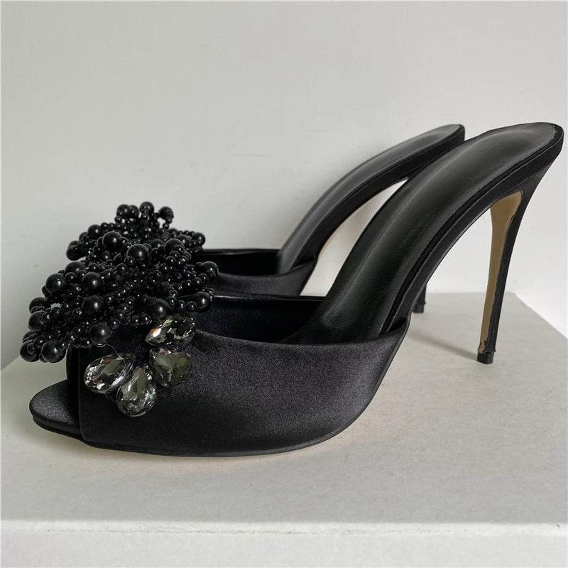 Crystal Beads Flower Decor Sandals Women 10cm Stiletto Heel Slingbacks Luxury Satin Summer Mules For Girls - AIAZ