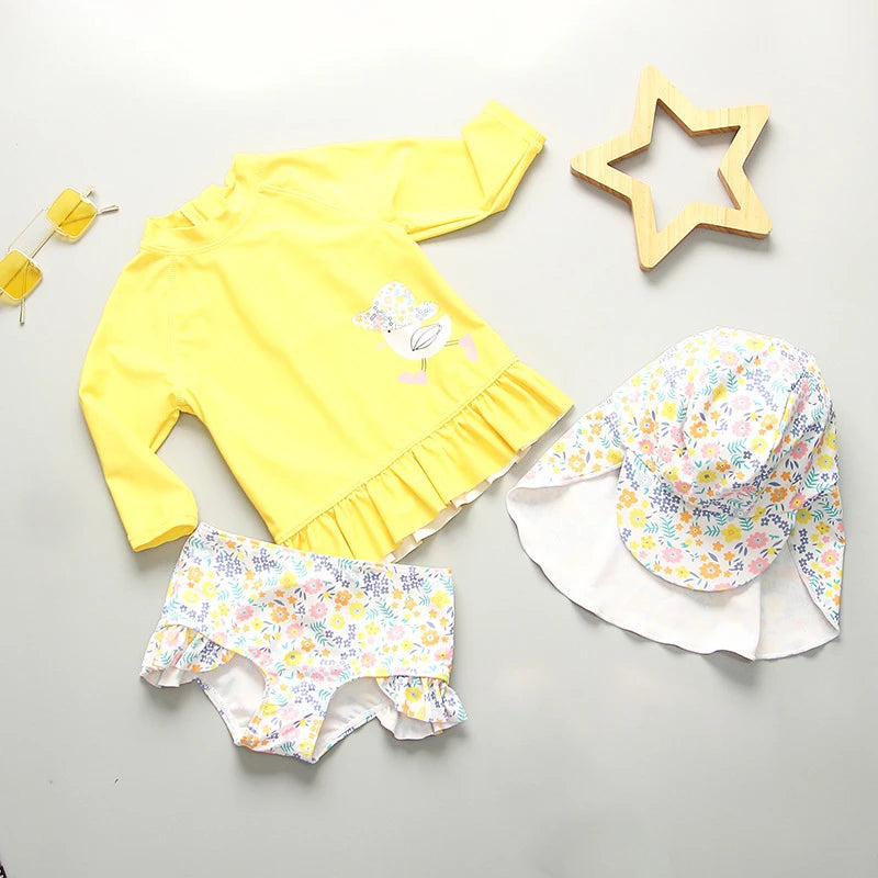 Baby Girl Swimwear Yellow Swimsuit for Girls UPF50 Sunscreen Children Swimming Suit Long Sleeve Infant Toddler Bathing Suit Kids