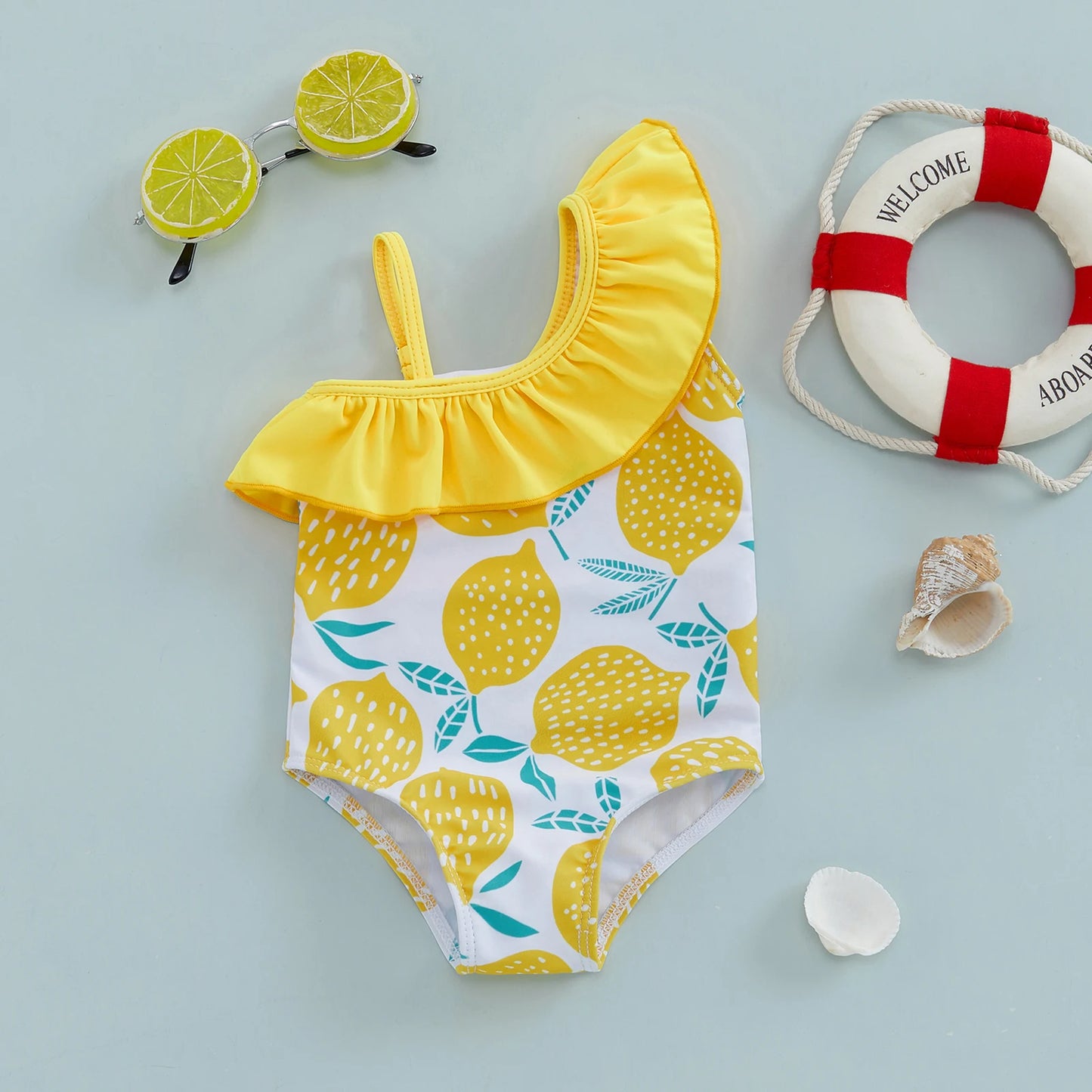 BeQeuewll Children Girl Summer Swimsuit Beach Wear Ruffle Sleeveless One Shoulder Lemon Print Baby Bathing Suit Infant Swimwear
