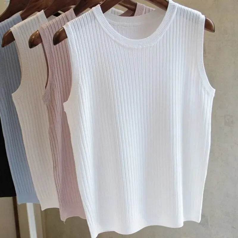2025 Summer New Fashion Knitted Vests O-neck Sleeveless Casual Thin Tops Sleeveless Blouse Women Shirt - AIAZ