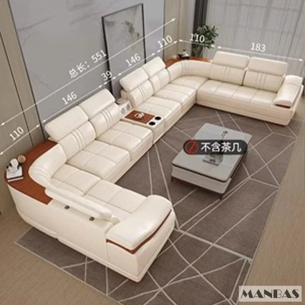 Elegant Leather Sectional Sofas Sets with Cup Holder, Adjustable Headrests & Bluetooth Speaker - MINGDIBAO Living Room Couches