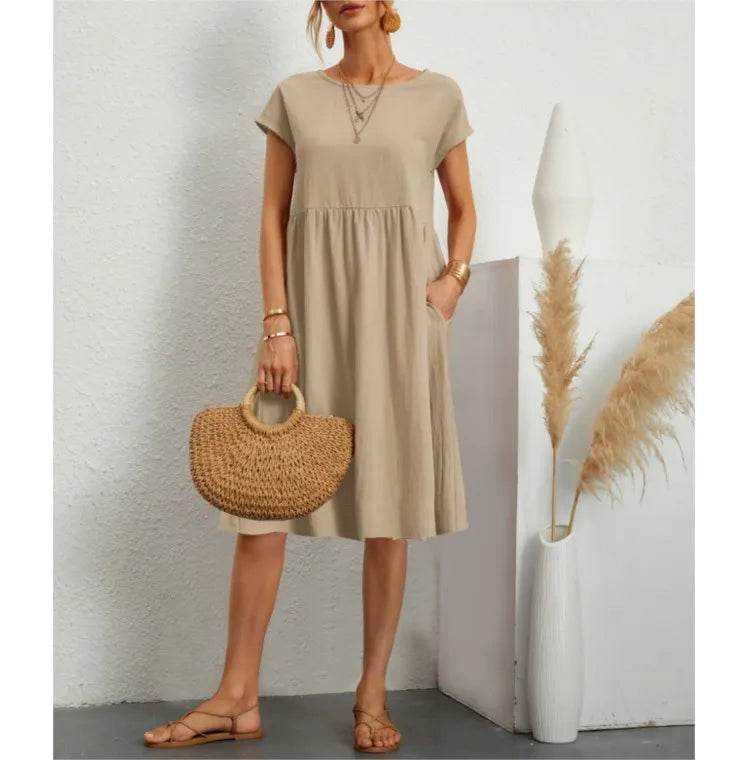 Women's Dresses 2025 Summer Fashion Casual Dresses Women Loose Mid Length Over Knee Dress New Short Sleeve Solid Dress Woman - AIAZ