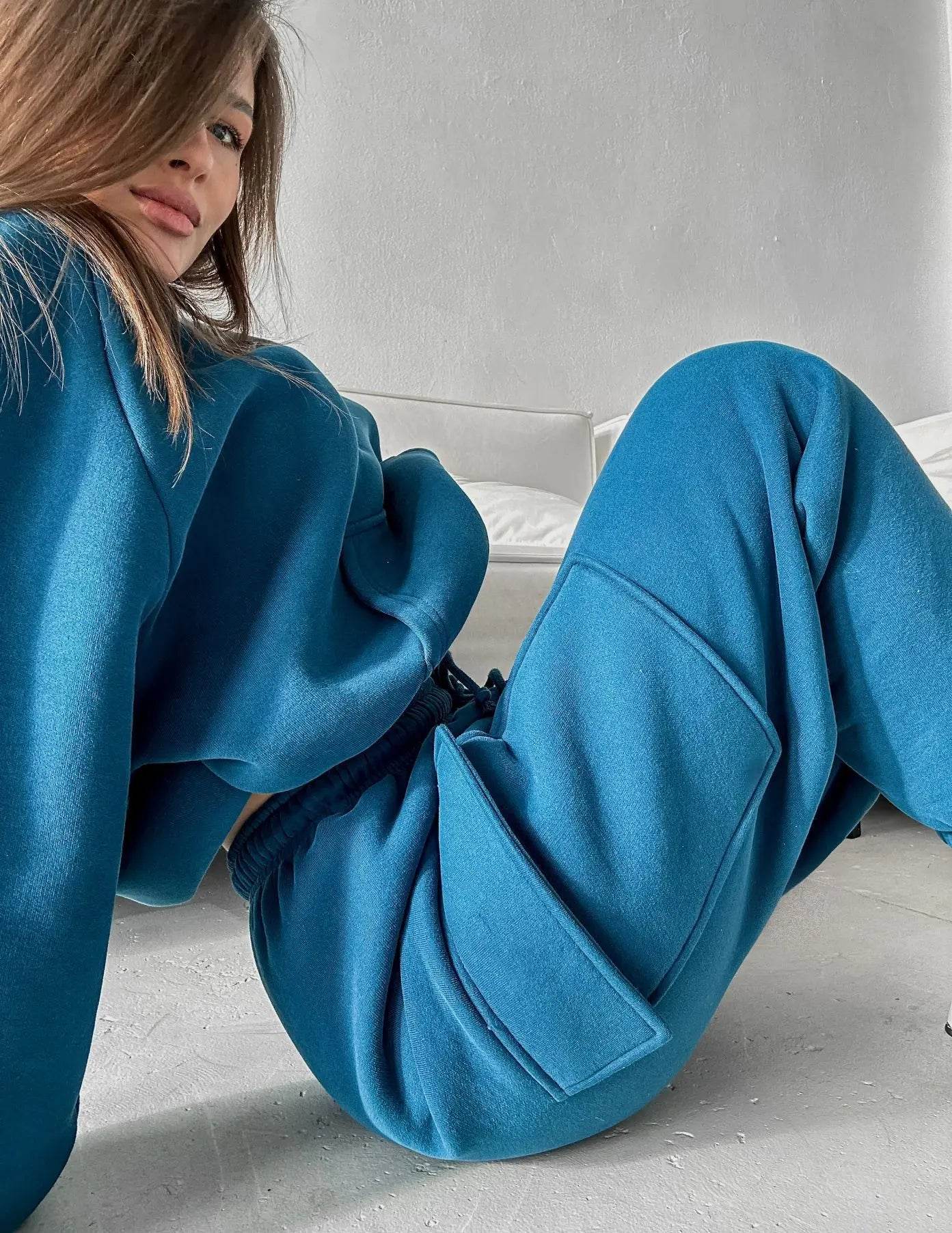 Hoodies Suit Winter Autumn Solid Casual Tracksuit Women Fleece 2 Pieces Set Sports Sweatshirts Pullover Jogger Sweatpants Outfit - AIAZ