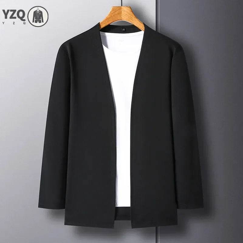 New Men's Casual Solid Color Long Sleeved Cardigan Cloak Spring and Autumn Fashionable Comfortable Top - AIAZ