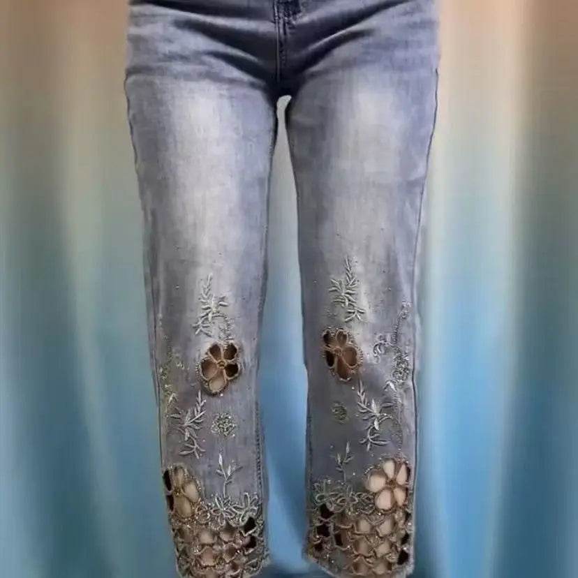 women High end hollowed out embroidered denim eight cigarette tube pants 2025 new summer thin high waist stylish denim tube pant - AIAZ