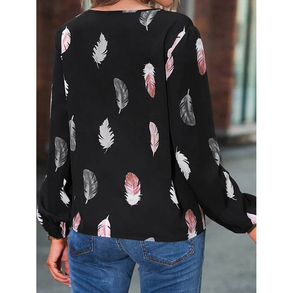 Fashion Woman Blouse Shirts For Women Stylish Top long Sleeve Feather Pattern Female Tops Elegant Chiffon Mujer Woman Clothes - AIAZ