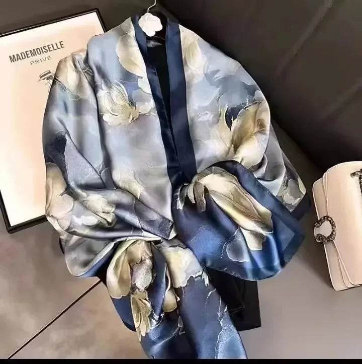 New Summer Women's Silk Scarf Sun Protection Satin Print Extra Long Beach Cover Up Decorative Mom's Shawl Fashionable Accessory - AIAZ