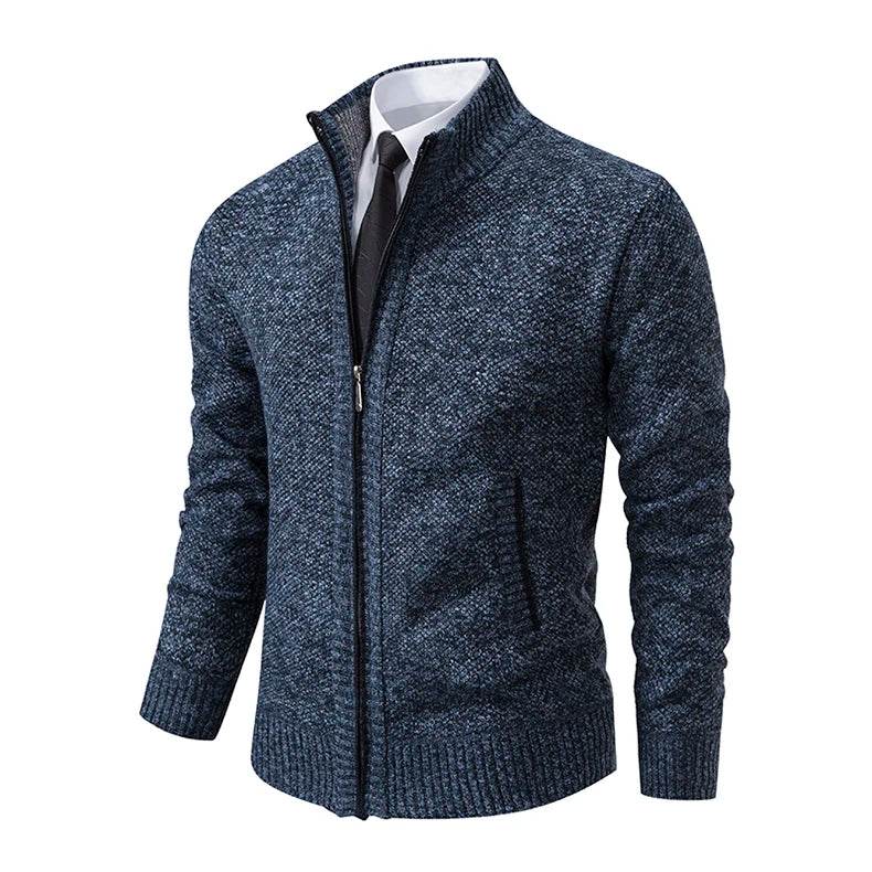 Autumn And Winter New Jersey Men's Casual Sports Coat Solid Color Stand Collar Wweater Grab Fleece Warm Zipper Cardigan - AIAZ