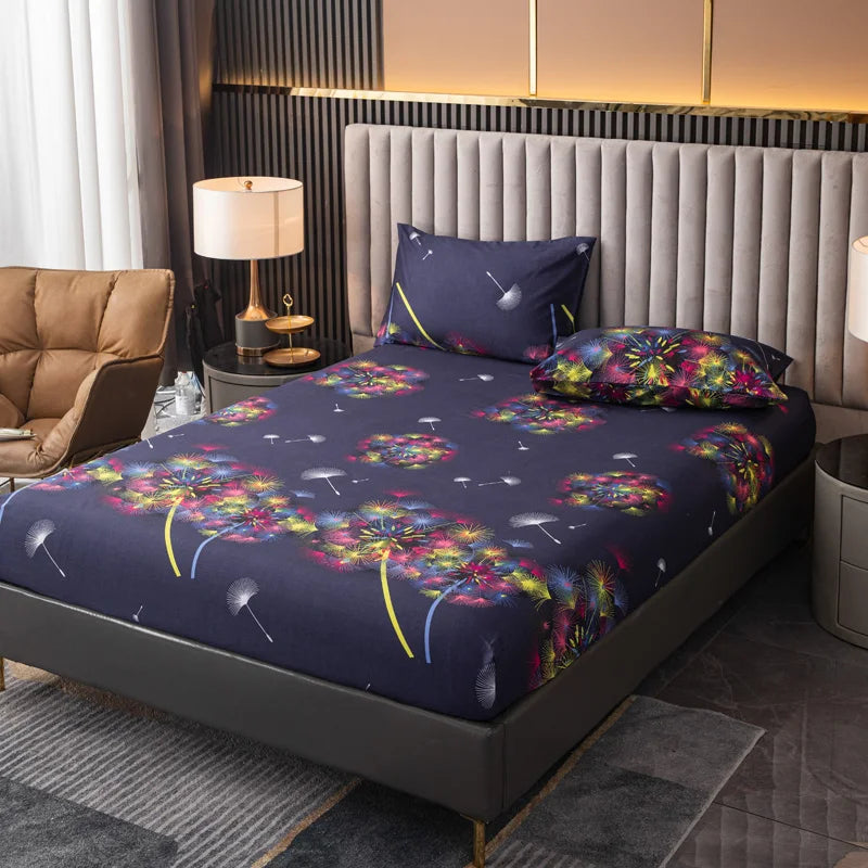 100% Polyester 3pcs Printed Sanding Fitted Sheet and pillowcases Set Elastic Band Around Mattress Cover King Size Bed Cover