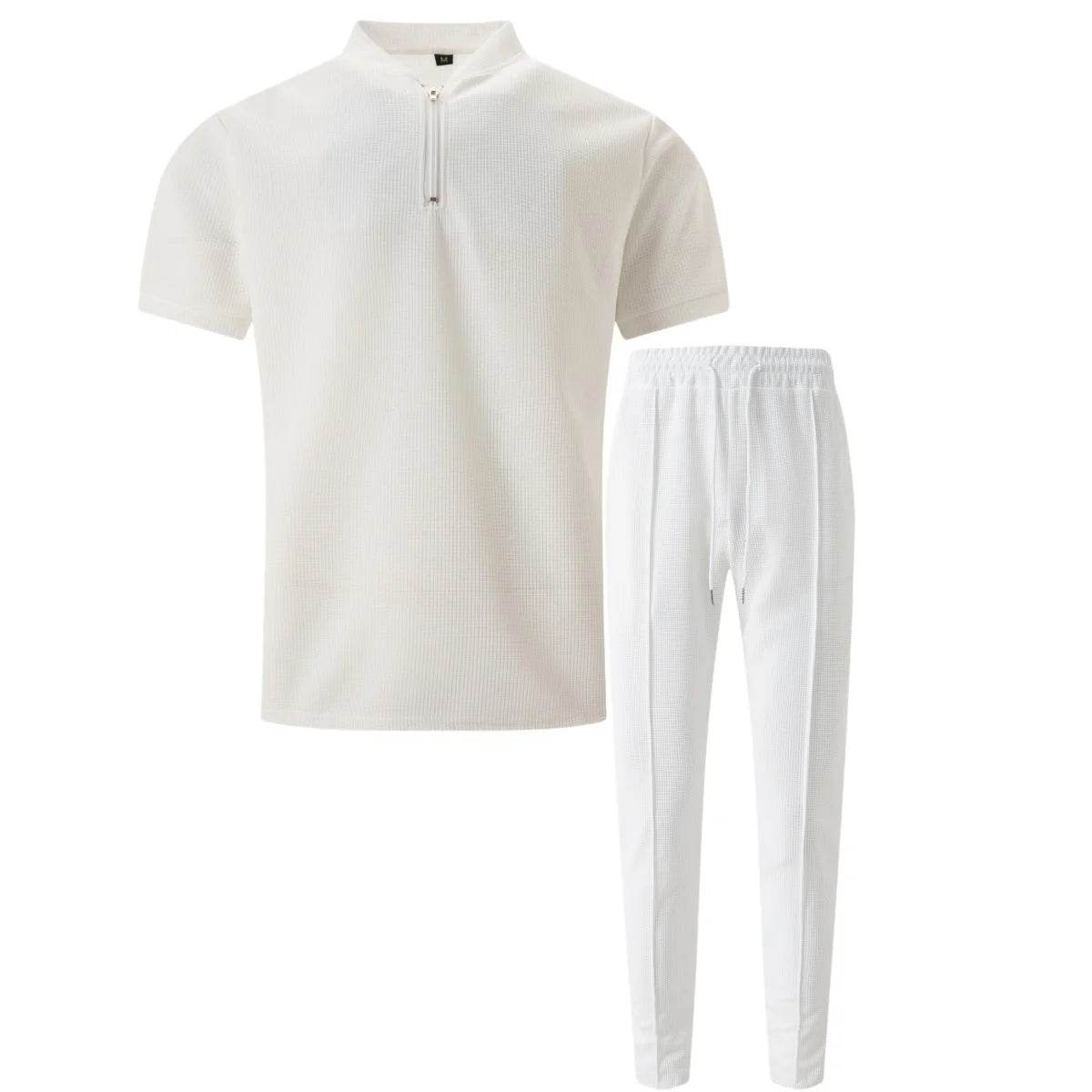 2025 Men's new summer suit Waffle collar solid color zipper short sleeve pants suit fashion casual loose sportswear - AIAZ