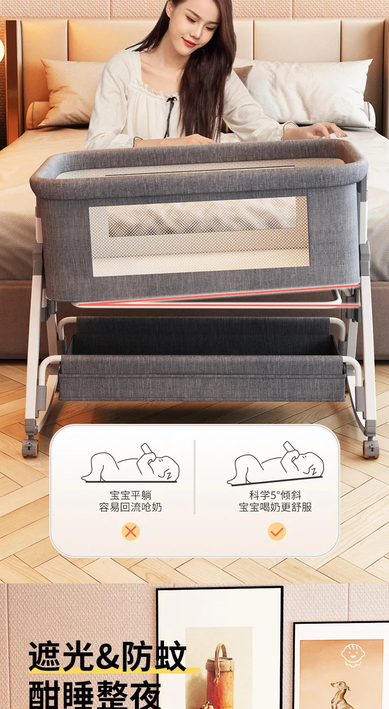 Crib Movable Multi-Function Folding Height Adjustment Splicing Queen Bed Baby Bassinet Newborn Baby Bed Anti-Overflow