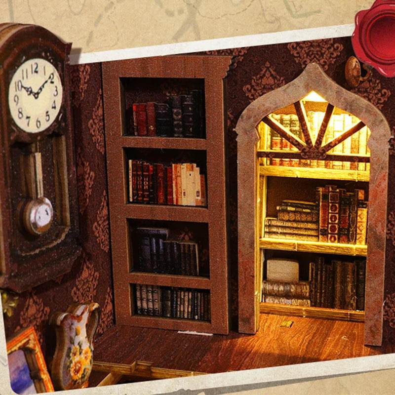 DIY Book Nook Shelf Insert Kit 3D Wooden Puzzle Doll House Assembly Building Model Bookends With Furniture LED Light Xmas Gifts - AIAZ