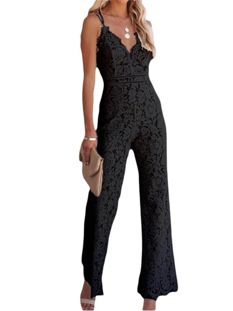 Women Fashion Elegant Lace Jumpsuits Spaghetti Strap V Neck Wide Leg Romper Ladies Summer Sexy Casual Retro Streetwear - AIAZ