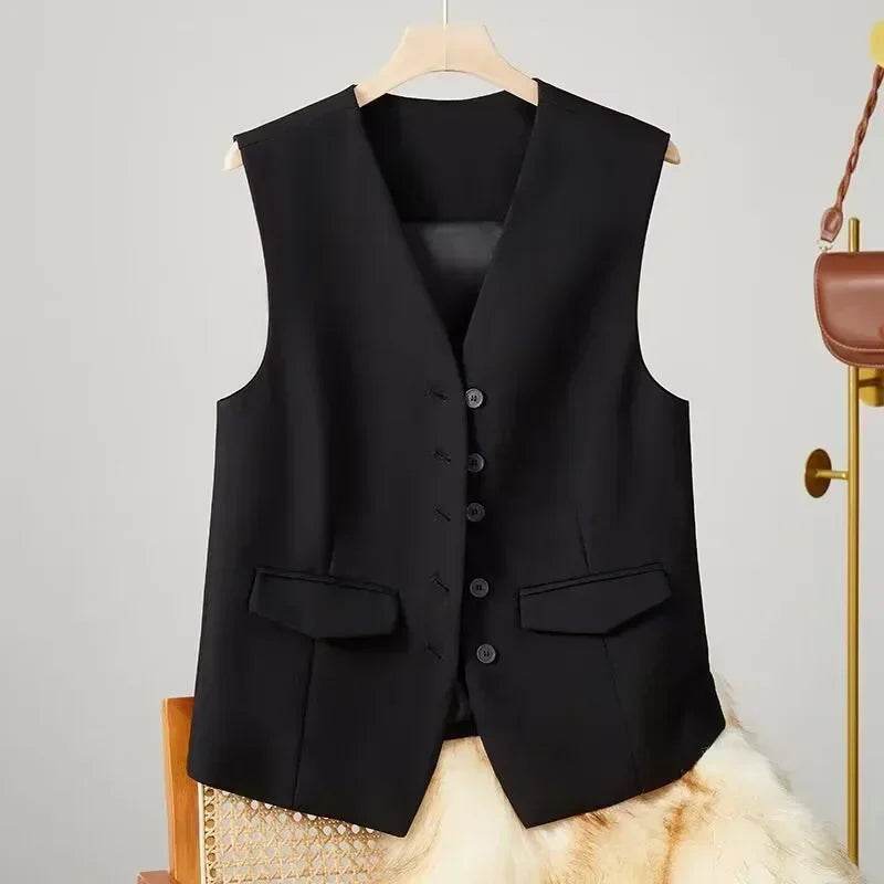Women Suit Vest Elegant Women's V Neck Business Vest Sleeveless Waistcoat for Office Commute Style Solid Color Single-breasted - AIAZ